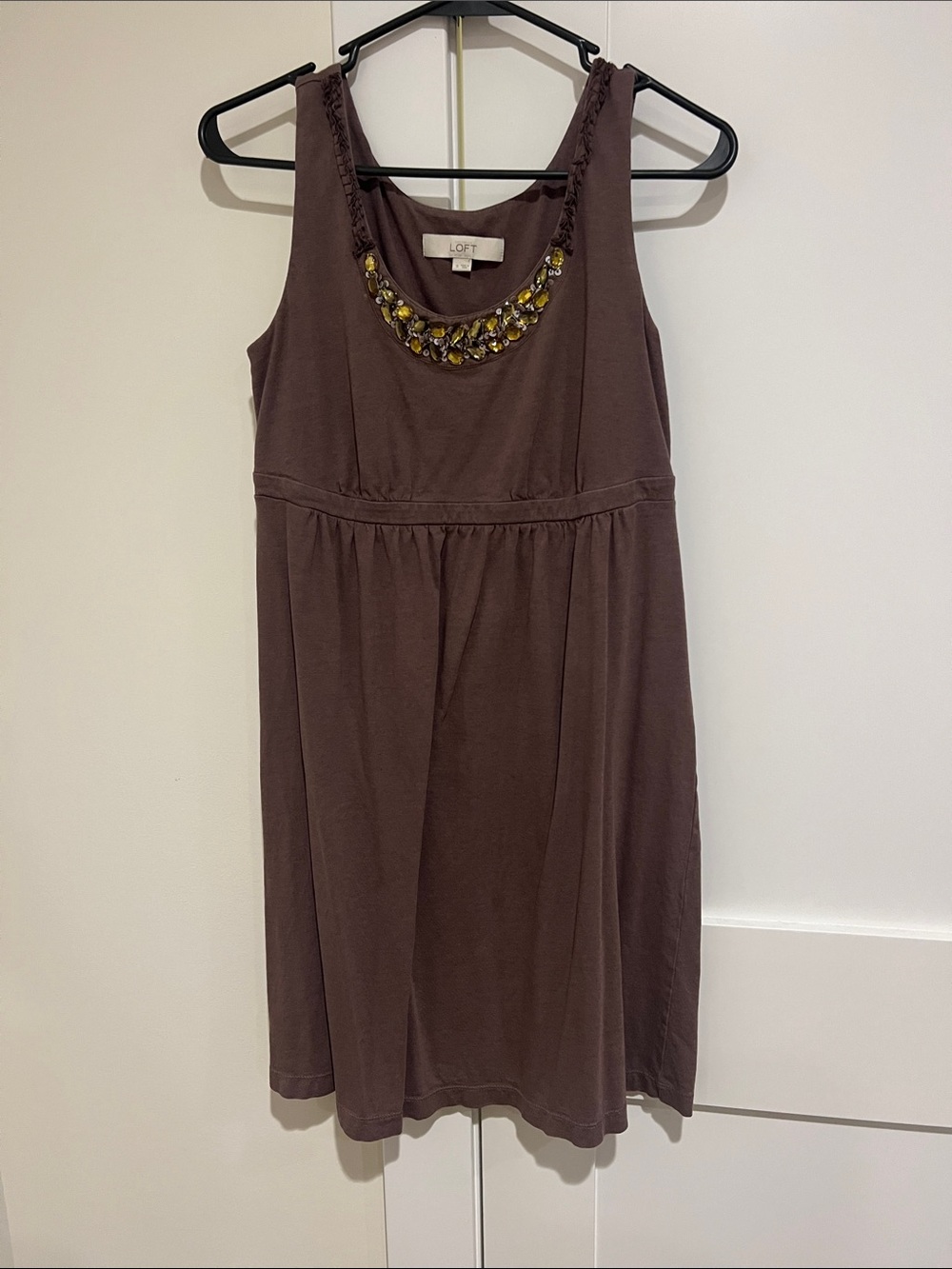 LOFT Brown Sleeveless Mini Dress with Beaded Necklace Detail